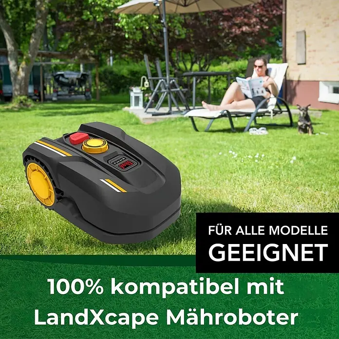 Genisys Ersatzmesser-Set für Mähroboter - Passend für: für LandXCape, 9 Stk. - Schwarzer Mähroboter mit gelben Akzenten auf Rasen, 100% kompatibel mit LandXcape Modellen.