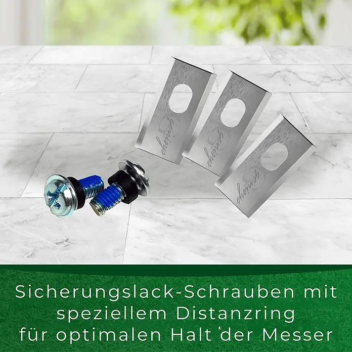 Genisys Ersatzmesser-Set für Mähroboter - Passend für: Dreame Mova, 6 Stk. - Metallschrauben mit blauem Sicherungslack & schwarzen Distanzringen, sowie drei Genisys Rasenmähermesser.