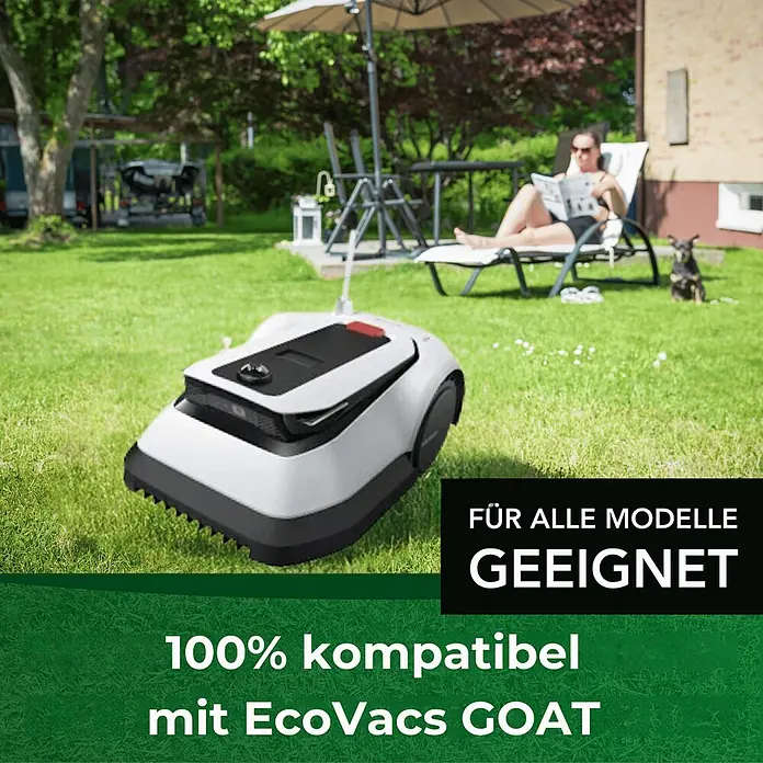 Genisys Ersatzmesser-Set für Mähroboter - Passend für: für Grouw, 30 Stk. - Weißer und schwarzer Rasenroboter mäht einen grünen Rasen, während eine Person im Hintergrund entspannt.