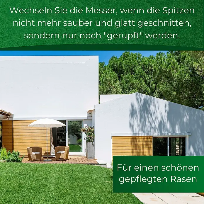 Genisys Ersatzmesser-Set für Mähroboter Titan Messer für PARKSIDE Smart Mähroboter - LongLife Klingen - bruchsicher - Passend für: für Parkside, 18 Stk. - Ein üppiger, grüner Rasen vor einem Haus mit Text, der zum Wechseln der Mähermesser für einen sauberen Schnitt rät.
