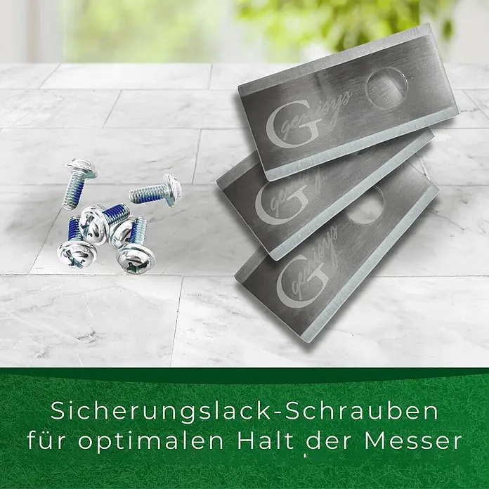 Genisys Ersatzmesser-Set für Mähroboter - Passend für: für Parkside, 9 Stk. - Drei silberne Metallklingen mit Logo und fünf silberne Schrauben mit blauem Sicherungslack.