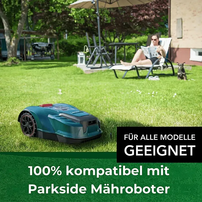 Genisys Ersatzmesser-Set für Mähroboter Titan Messer für PARKSIDE Smart Mähroboter - LongLife Klingen - bruchsicher - Passend für: für Parkside, 18 Stk. - Türkiser und schwarzer Mähroboter. Eine Person entspannt im Hintergrund, was die Bequemlichkeit des Mähroboters hervorhebt.