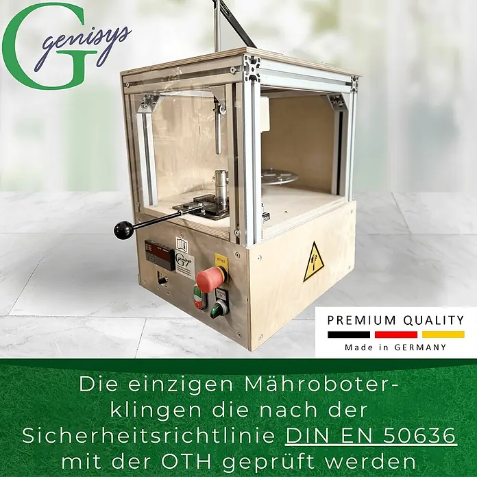 Genisys Ersatzmesser-Set für Mähroboter Titan Messer für PARKSIDE Smart Mähroboter - LongLife Klingen - bruchsicher - Passend für: für Parkside, 18 Stk. - Genisys Prüfmaschine für Mähroboterklingen mit Holzsockel, Aluminiumrahmen und transparenten Sicherheitsplatten zur Normprüfung.