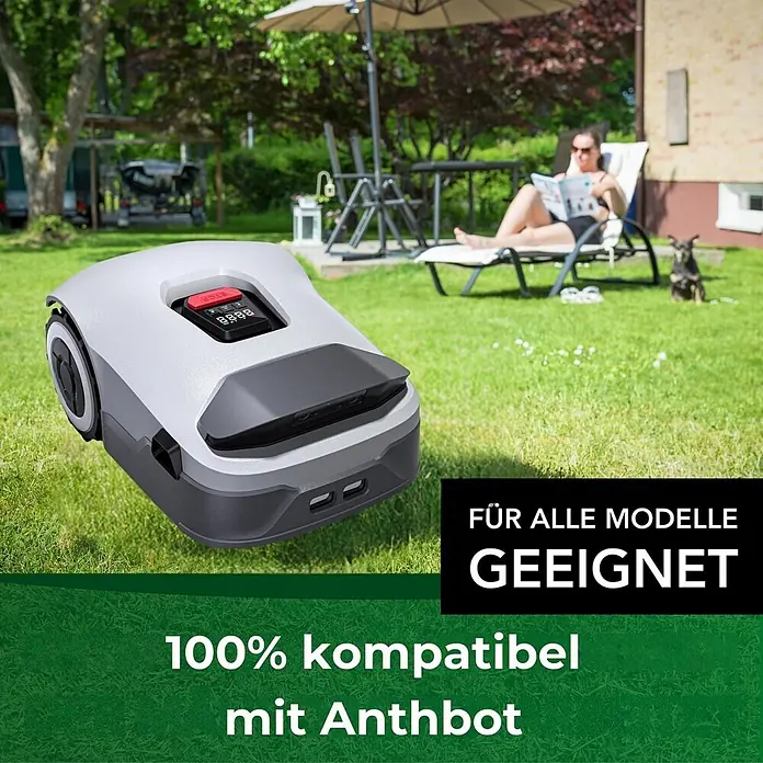 Genisys Ersatzmesser-Set für Mähroboter - Passend für: für Anthbot, 9 Stk. - Grauer und weißer Mähroboter auf einer Rasenfläche, während eine Person im Hintergrund entspannt. 100% kompatibel mit Anthbot.