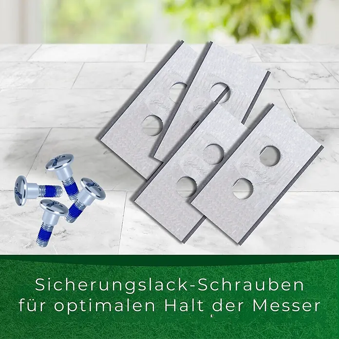 Genisys Ersatzmesser-Set für Mähroboter - Passend für: für Mammotion, 24 Stk. - Silberne Schrauben mit blauem Sicherungslack und rechteckige Metallklingen mit zwei Löchern, zur Befestigung von Messern.