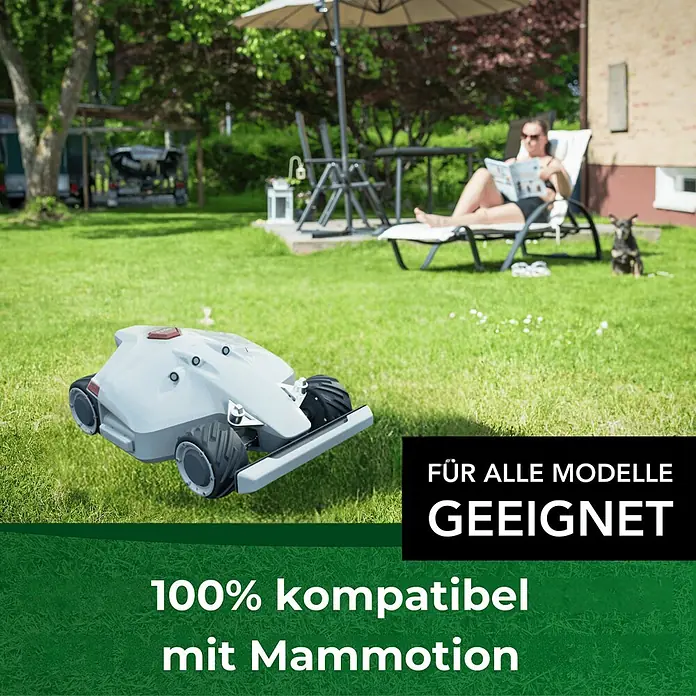 Genisys Ersatzmesser-Set für Mähroboter Ersatz Titan Messer für MAMMOTION LUBA YUKA Mähroboter - 2-Loch bruchsicher - Passend für: für Mammotion, 8 Stk. - Hellgrauer Rasenmäher-Roboter mit schwarzen Rädern.