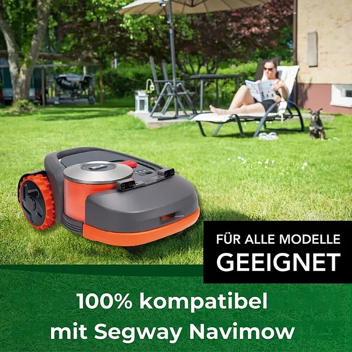 Genisys Ersatzmesser-Set für Mähroboter - Passend für: für Segway, 30 Stk., Edelstahl - Orange-grauer Mähroboter auf sonnigem Rasen, mit einer entspannten Person und Hund im Hintergrund, für automatische Gartenpflege.