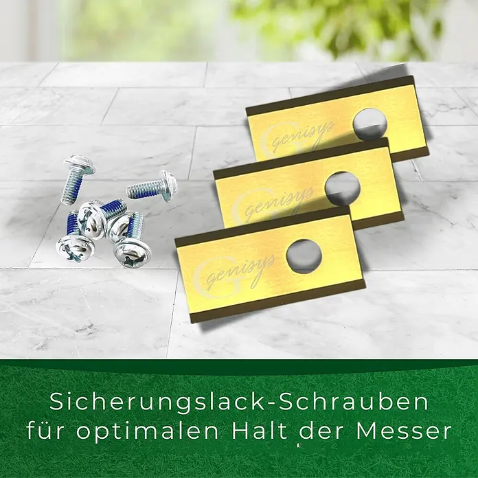 Genisys Ersatzmesser-Set für Mähroboter Titan Messer für PARKSIDE Smart Mähroboter - LongLife Klingen - bruchsicher - Passend für: für Parkside, 18 Stk. - Silberne Schrauben mit blauem Sicherungslack und drei goldene Genisys Mähroboter-Messer für sicheren Halt.