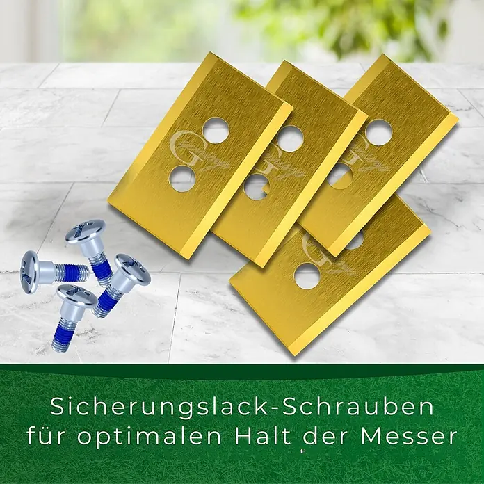 Genisys Ersatzmesser-Set für Mähroboter Ersatz Titan Messer für MAMMOTION LUBA YUKA Mähroboter - 2-Loch bruchsicher - Passend für: für Mammotion, 8 Stk. - Goldene Messer mit Löchern und silberne Schrauben mit blauem Sicherungslack für optimalen Halt.