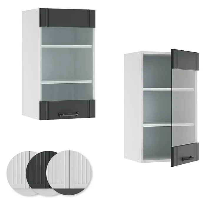Vicco Schrankküche Fame-Line Anthrazit Landhaus - Dunkelgrau, Hängeglasschrank 40 cm - Weißer Küchenhängeschrank mit dunkelgrauen geriffelten Ober-/Unterpaneelen, klarer Glasmitte und schwarzem Griff.