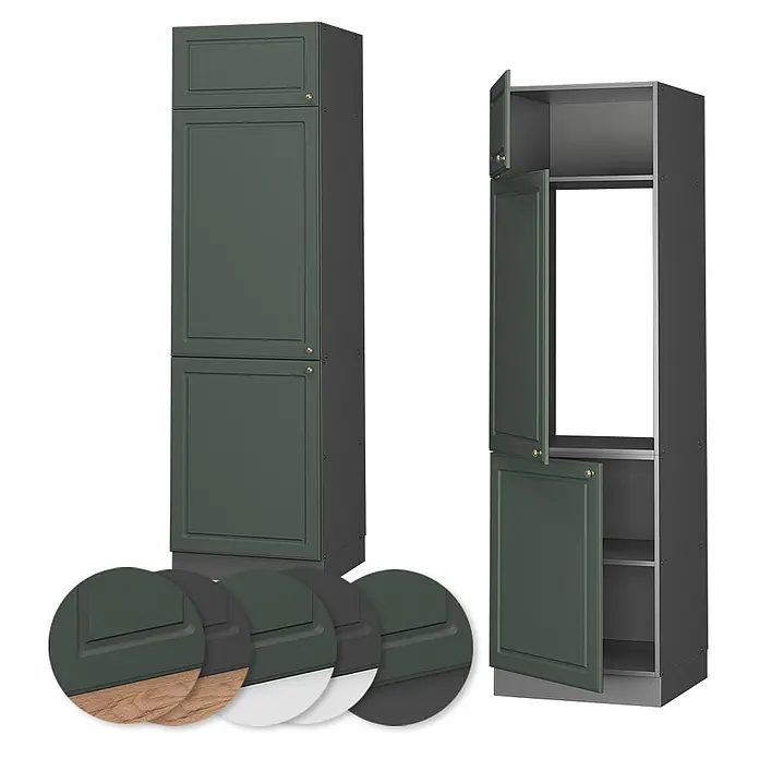Vicco Schrankküche Fame-Line Grün-Gold Landhaus - Grün-Gold Landhaus, Kühlumbauschrank 60 cm - Dunkelgrüner Hochschrank mit Kassettenfronten, geschlossen & offen mit Einlegeböden/Geräteraum. Inkl. Sockelblenden-Muster.