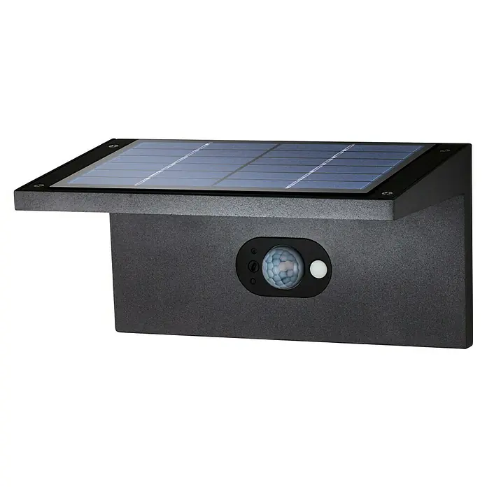 Starlux Aplique solar para exterior Como - 2,5 W, Negro, IP44 - La imagen muestra una luz solar con sensor de movimiento para uso exterior, ideal para jardines y entradas, respetuosa con el medio ambiente y ahorradora de energía.