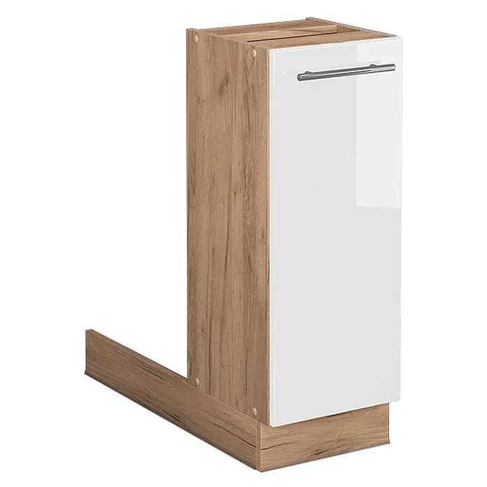 Vicco Inselküche Fame-Line Weiß Hochglanz ohne Arbeitsplatte - Weiß Hochglanz, Ohne Elektrogeräte - Schmaler Hochschrank in heller Holzoptik mit weißer Hochglanztür und silbernem Griff, mit verlängertem Sockel.