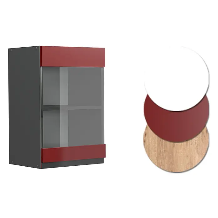Vicco Schrankküche R-Line Rot J-Shape - Rot, Hängeglasschrank 40 cm grifflos - Dunkelgrauer Hängeschrank mit roter Zierleiste und Glastür, zeigt verfügbare Farben: Weiß, Dunkelrot, helles Holz.