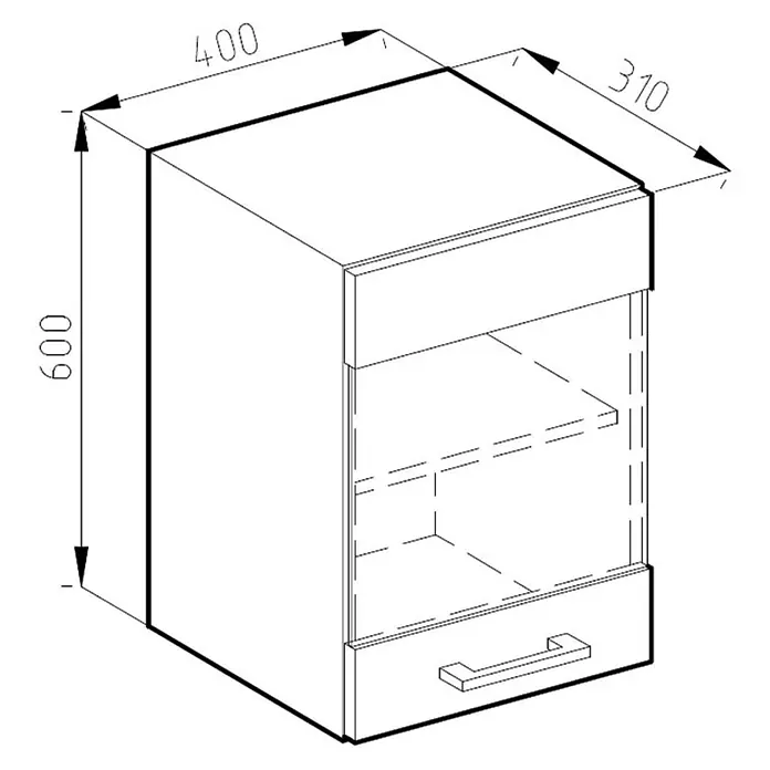 Vicco Schrankküche R-Line Goldkraft Eiche J-Shape - Goldkraft Eiche, Hängeglasschrank 40 cm grifflos - Schrank mit Schublade, offenem Fach und unterer Schublade mit Griff, Maße 400x600x310mm.