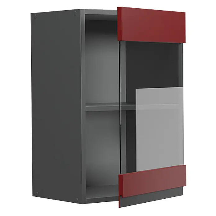 Vicco Schrankküche R-Line Rot J-Shape - Rot, Hängeglasschrank 40 cm grifflos - Dunkelgrauer Wandschrank mit zwei Regalböden und einer rot akzentuierten Glasschiebetür, leicht geöffnet.
