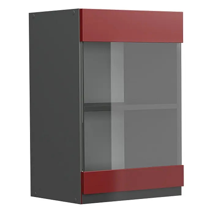 Vicco Schrankküche R-Line Rot J-Shape - Rot, Hängeglasschrank 40 cm grifflos - Dunkelgrauer Wandschrank mit roten Paneelen, klarer Glastür und zwei Einlegeböden.