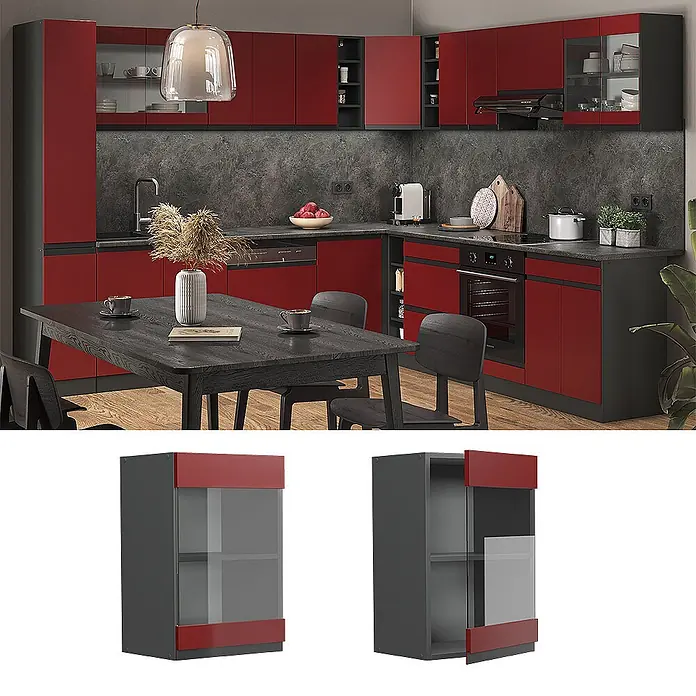 Vicco Schrankküche R-Line Rot J-Shape - Rot, Hängeglasschrank 40 cm grifflos - Roter und dunkelgrauer Küchenschrank mit Glastür in moderner Küche.