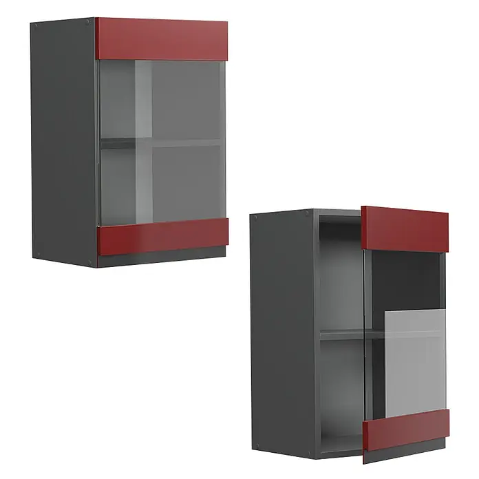 Vicco Schrankküche R-Line Rot J-Shape - Rot, Hängeglasschrank 40 cm grifflos - Zwei graue Küchenhängeschränke mit roter Blende und Glastüren, einer geschlossen, der andere offen.