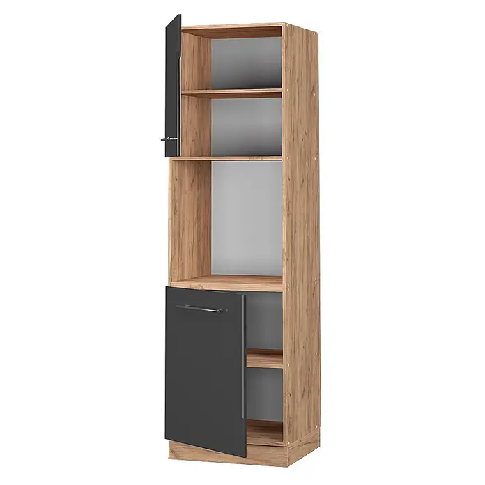 Vicco Schrankküche Fame-Line Anthrazit Hochglanz offen - Anthrazit Hochglanz, Herdumbauschrank hoch 60 cm offen - Hoher Schrank in Eichenoptik mit dunkelgrauen Türen, eine offenbart Innenfächer, für vielseitigen Stauraum.