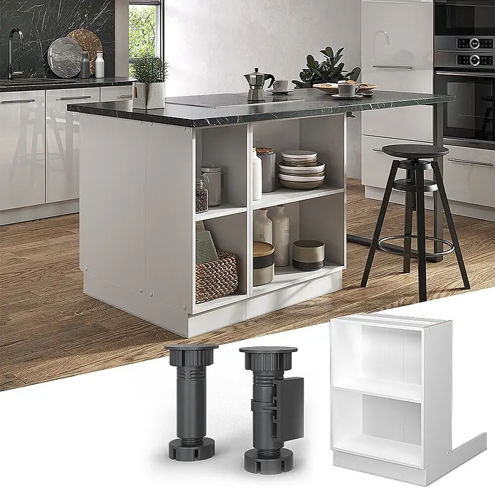 Vicco Inselküche Fame-Line Weiß ohne Arbeitsplatte - Breite: 60 cm, Weiß, Ohne Elektrogeräte - Moderne weiße Kücheninsel mit dunkler Arbeitsplatte, integrierten Regalen und Bartisch. Zubehör-Schrankfüße und Regalmodul sind abgebildet.