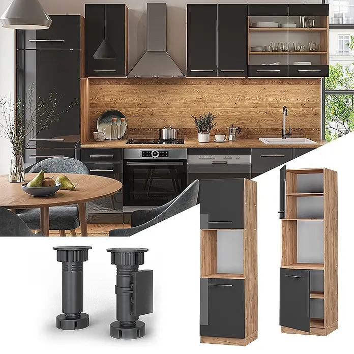 Vicco Schrankküche Fame-Line Anthrazit Hochglanz offen - Anthrazit Hochglanz, Herdumbauschrank hoch 60 cm offen - Moderne Küche mit hochglanzschwarzen Schränken, Holz-Arbeitsplatte, ergänzt durch Hochschränke und verstellbare Füße.