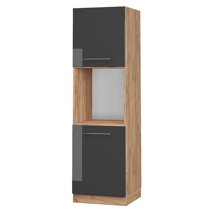 Vicco Schrankküche Fame-Line Anthrazit Hochglanz offen - Anthrazit Hochglanz, Herdumbauschrank hoch 60 cm offen - Hoher Küchenschrank mit Holzoptikrahmen und anthrazitfarbenen Fronten, mit offenem Mittelfach für Geräte.