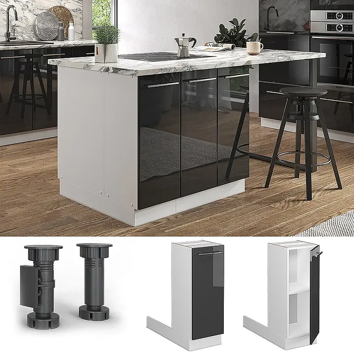 Vicco Inselküche Fame-Line Anthrazit Hochglanz ohne Arbeitsplatte - Breite: 30 cm, Anthrazit Hochglanz, Ohne Elektrogeräte - Moderne Kücheninsel mit weißem Korpus, Marmorplatte, schwarzen Hochglanztüren, integriertem Kochfeld und verstellbaren Füßen.