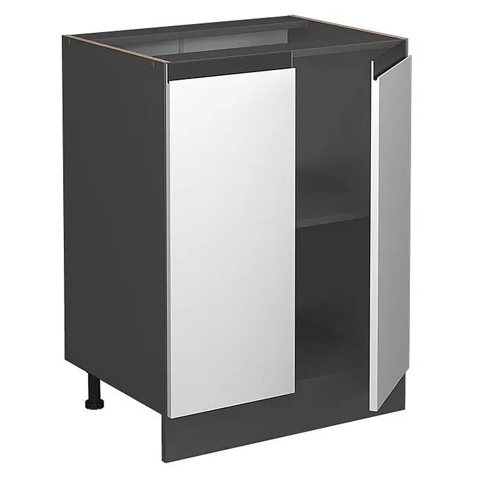 Vicco Schrankküche R-Line Weiß J-Shape, AP Eiche - Weiß, Unterschrank 60 cm grifflos AP Eiche - Dunkelgrauer Küchenunterschrank mit zwei hellgrauen Türen, eine offenbart ein Innenregal. Mit verstellbarem Fuß.