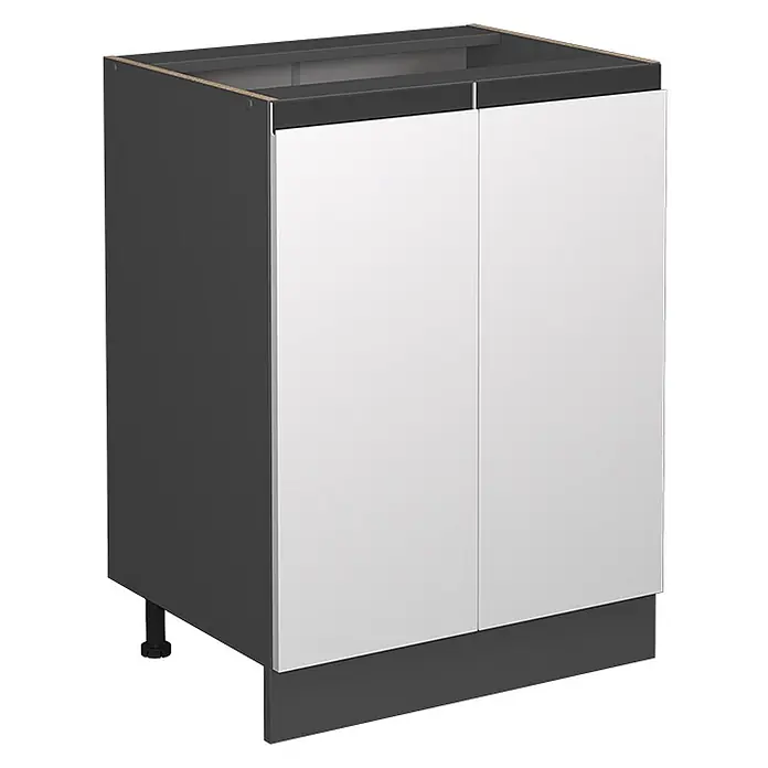 Vicco Schrankküche R-Line Weiß J-Shape, ohne Arbeitsplatte - Weiß, Unterschrank 60 cm grifflos - Dunkelgrauer Küchenunterschrank mit zwei weißen Türen, verstellbaren Füßen und dunkelgrauer Sockelleiste.