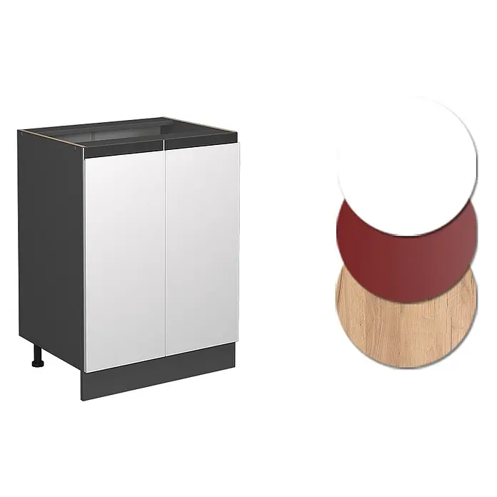 Vicco Schrankküche R-Line Weiß J-Shape AP Marmor - Weiß, Unterschrank 60 cm grifflos AP Marmor - Dunkelgrauer Küchenunterschrank mit weißen Türen; Muster: Weiß, Rot, helles Holz.