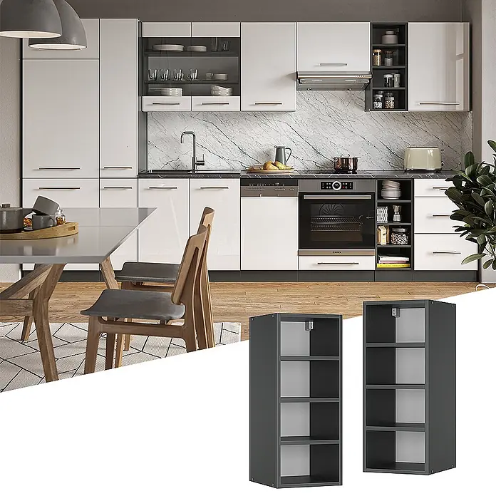 Vicco Schrankküche Fame-Line Anthrazit - Anthrazit, Regalhängeschrank 30 cm - Zwei dunkelgraue, modulare offene Regaleinheiten mit je vier Fächern, ideal für die Küchenorganisation.