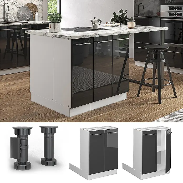 Vicco Inselküche Fame-Line Anthrazit Hochglanz ohne Arbeitsplatte - Breite: 60 cm, Anthrazit Hochglanz, Ohne Elektrogeräte - Moderne Kücheninsel mit glänzenden schwarzen Türen, weißem Sockel und Marmor-Arbeitsplatte in einer Küche.
