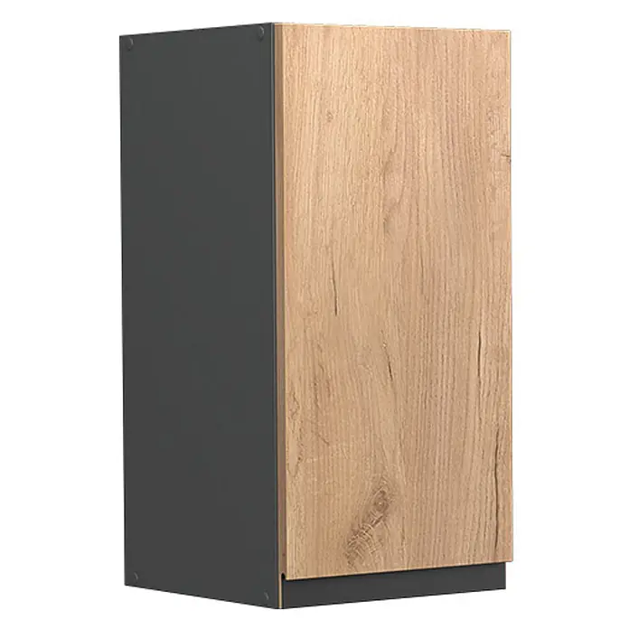 Vicco Schrankküche R-Line Goldkraft Eiche J-Shape - Goldkraft Eiche, Hängeschrank 30 cm grifflos - Einschrank mit dunkelgrauem Korpus und heller Holzoptikfront.