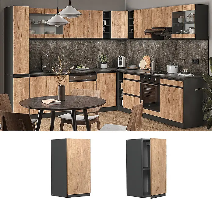 Vicco Schrankküche R-Line Goldkraft Eiche J-Shape - Goldkraft Eiche, Hängeschrank 30 cm grifflos - Küchenschränke in Holzoptik mit dunkelgrauen Rahmen. Abgebildet in einer kompletten Küchenzeile und als detailierter Unterschrank mit Regal.
