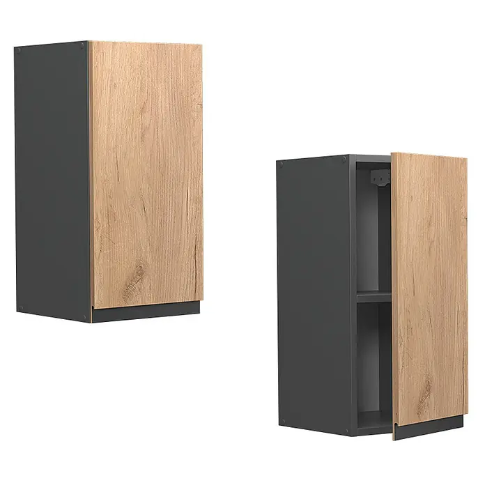 Vicco Schrankküche R-Line Goldkraft Eiche J-Shape - Goldkraft Eiche, Hängeschrank 30 cm grifflos - Zwei Hängeschränke: geschlossen und geöffnet, dunkelgrauer Korpus, heller Eichenholz-Optik Tür, Innenfach sichtbar.