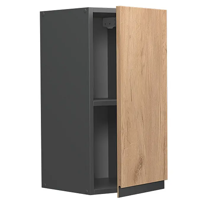 Vicco Schrankküche R-Line Goldkraft Eiche J-Shape - Goldkraft Eiche, Hängeschrank 30 cm grifflos - Dunkelgrauer Wandschrank mit heller Holzoptik-Tür, leicht geöffnet, zeigt ein Regal. Mit integriertem dunklem Griff.