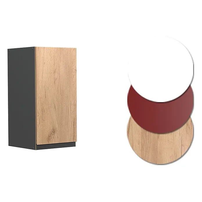 Vicco Schrankküche R-Line Goldkraft Eiche J-Shape - Goldkraft Eiche, Hängeschrank 30 cm grifflos - Küchenschrank: Holztür, dunkelgrauer Korpus. Materialmuster: Weiß, Dunkelrot, Holzmaserung.