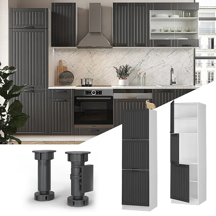 Vicco Schrankküche Fame-Line Anthrazit Landhaus - Anthrazit Landhaus, Vorratsschrank 60 cm - Dunkelgraue gerillte Küchenschränke, inklusive Hochschrank und verstellbaren Stützfüßen.