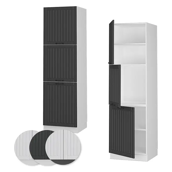 Vicco Schrankküche Fame-Line Anthrazit Landhaus - Anthrazit Landhaus, Vorratsschrank 60 cm - Hoher Schrank mit dunkelgrauen geriffelten Türen & weißem Korpus, geschlossen & offen mit Regalen. Farboptionen.