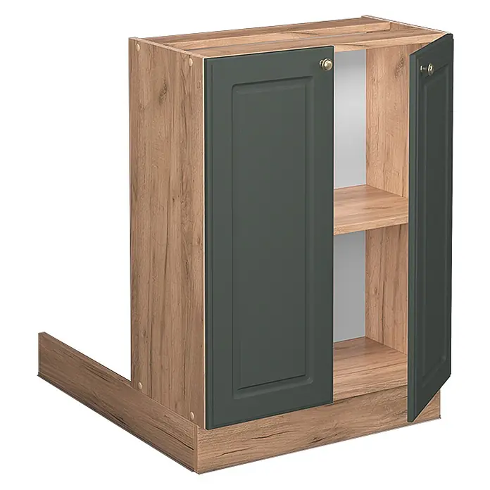 Vicco Inselküche Fame-Line Grün-Gold Landhaus ohne Arbeitsplatte - Breite: 60 cm, Grün-Gold Landhaus, Ohne Elektrogeräte - Eckunterschrank in Holzoptik mit dunkelgrünen Türen, eine offen mit Regal.