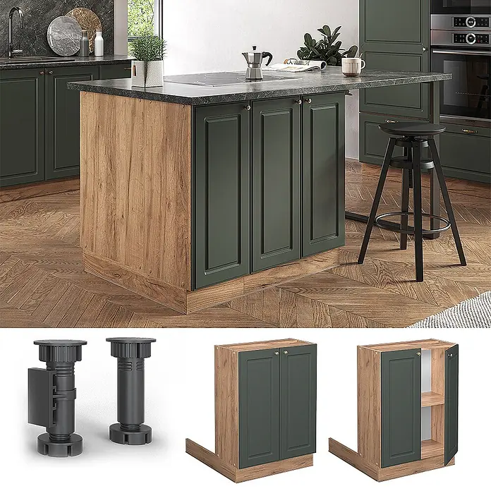 Vicco Inselküche Fame-Line Grün-Gold Landhaus ohne Arbeitsplatte - Breite: 60 cm, Grün-Gold Landhaus, Ohne Elektrogeräte - Modularer Kücheninsel-Unterschrank mit dunkelgrünen Türen und Holzseitenpaneel, auf verstellbaren Füßen.