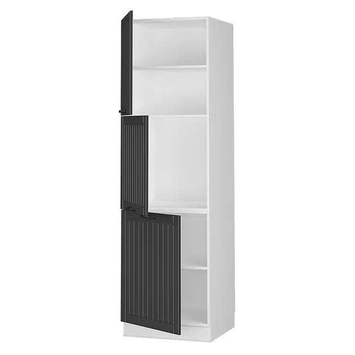 Vicco Schrankküche Fame-Line Anthrazit Landhaus - Anthrazit Landhaus, Vorratsschrank 60 cm - Hoher weißer Schrank mit drei schwarzen Lamellen-Falttüren, teilweise geöffnet, um Innenregale zu zeigen.