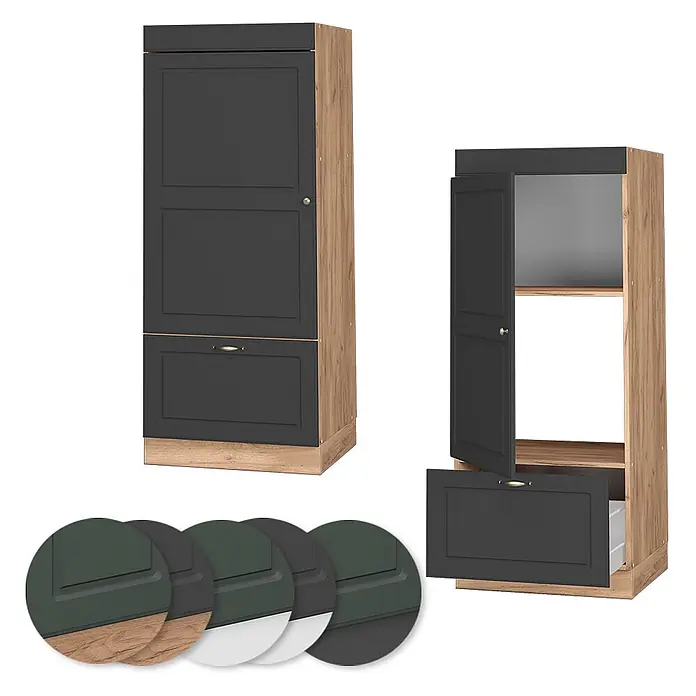 Vicco Schrankküche Fame-Line Anthrazit-Gold - Anthrazit-Gold, Mikrowellenumbauschrank 60 cm - Hoher anthrazitfarbener Schrank mit Holzoptikrahmen, geschlossen und offen, zeigt Regale und eine Schublade.
