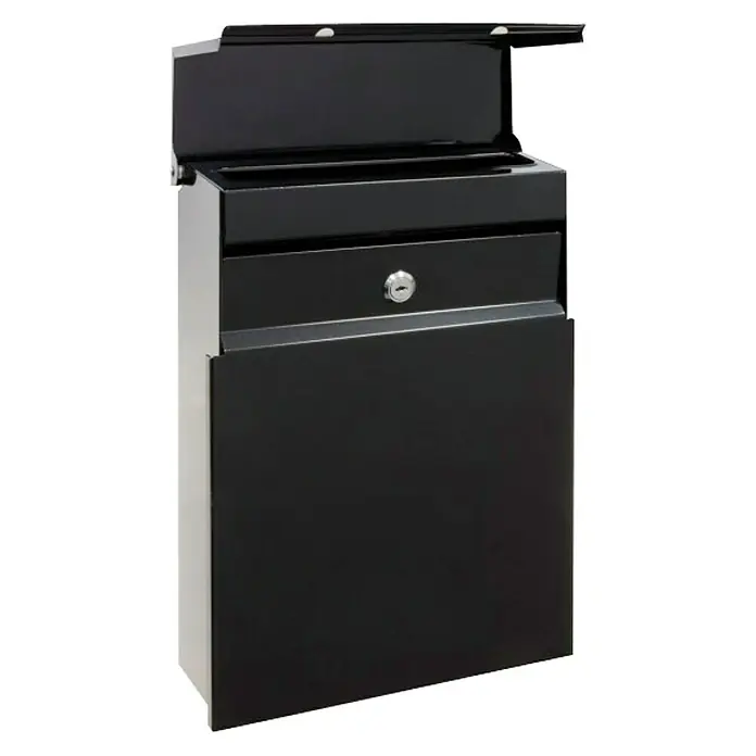 Arregui Figure Buzón de pared E-6704 - L x An x Al: 26,8 x 10 x 36 cm, Negro, Acero - Un buzón independiente con cerradura, hecho de metal negro, con una tapa en la parte superior para introducir el correo y una puerta en la parte inferior.
