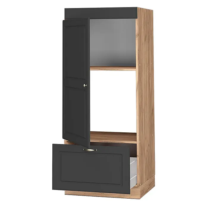 Vicco Schrankküche Fame-Line Anthrazit-Gold - Anthrazit-Gold, Mikrowellenumbauschrank 60 cm - Hoher Küchenschrank mit Holzoptik-Korpus, dunkler grauer Tür und Schublade teilweise geöffnet, offenbart Innenregale.