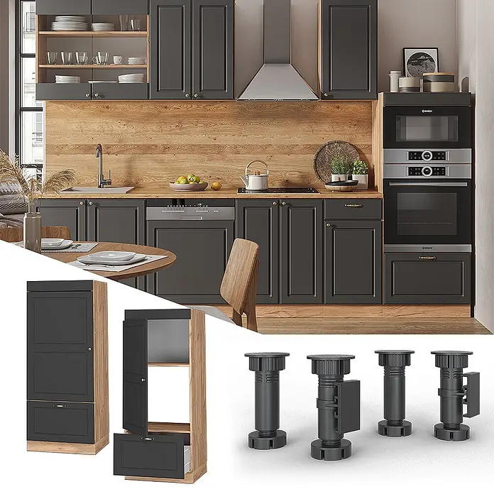 Vicco Schrankküche Fame-Line Anthrazit-Gold - Anthrazit-Gold, Mikrowellenumbauschrank 60 cm - Modulares Küchenset mit dunkelgrauen Schränken, Holzelementen, Geräten; inklusive Hochschrank und verstellbaren Füßen zur Montage.