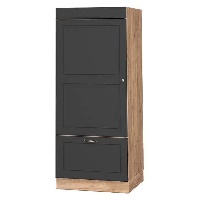 Vicco Schrankküche Fame-Line Anthrazit-Gold - Anthrazit-Gold, Mikrowellenumbauschrank 60 cm - Hoher Anthrazitschrank mit Holzeffekt-Seiten und -Basis, ausgestattet mit einer Tür mit Knauf und einer unteren Schublade mit Griff.