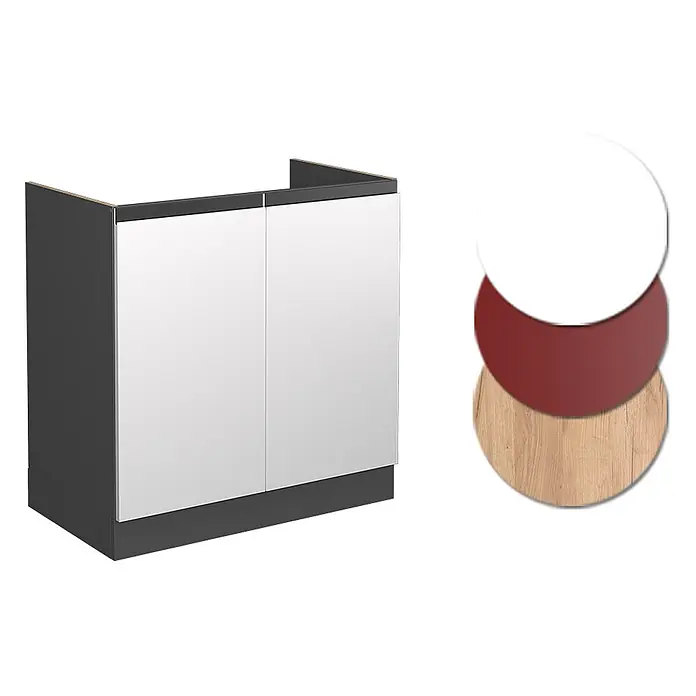 Vicco Schrankküche R-Line Weiß J-Shape AP Marmor - Weiß, Spülenunterschrank 80 cm grifflos, AP Marmor - Zweitüriger Unterschrank mit dunkelgrauem Korpus, weißen Türen und Farbmustern (Weiß, Bordeaux, helles Holz).