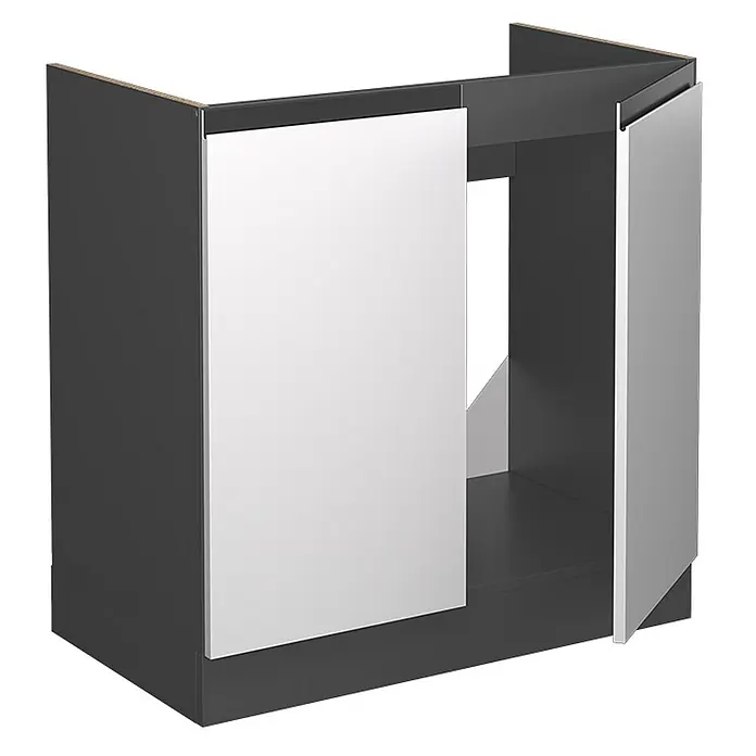 Vicco Schrankküche R-Line Weiß J-Shape, AP Eiche - Weiß, Spülenunterschrank 80 cm grifflos AP Eiche - Moderner, dunkelgrauer Unterschrank mit zwei weißen Türen, eine leicht geöffnet mit offenem Fach.